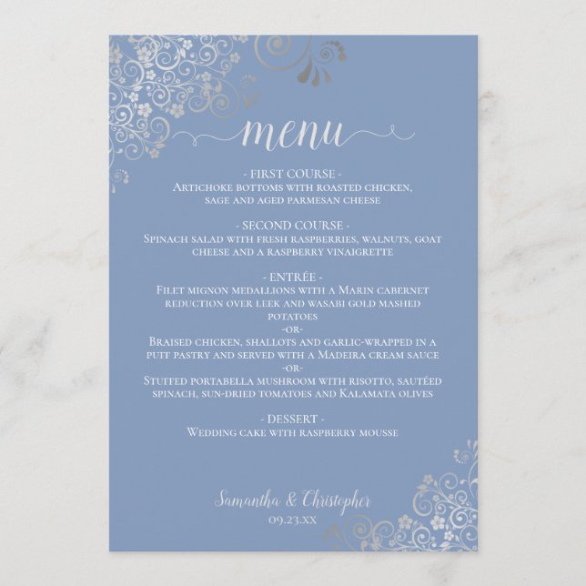 Elegant Silver Lace Frills Periwinkle Blue Wedding Menu (Front)