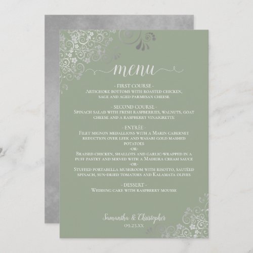 Elegant Silver Lace Frills Sage Green Wedding Menu