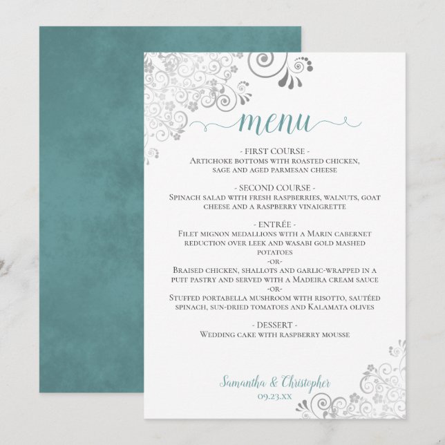Elegant Silver Lace Frills Teal on White Wedding Menu (Front/Back)