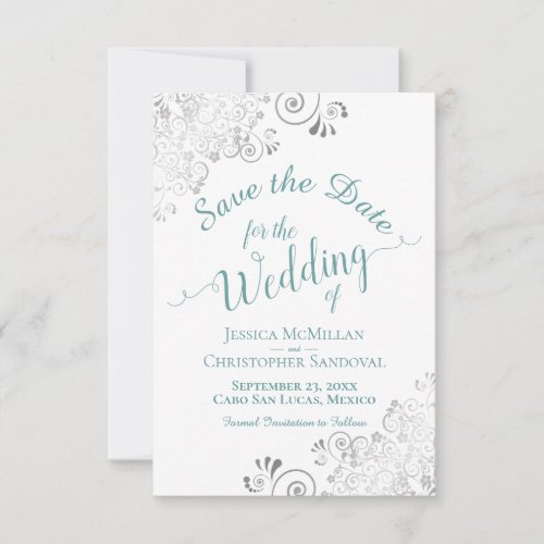 Elegant Silver Lace Frills Teal on White Wedding Save The Date
