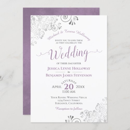 Elegant Silver Lace Lavender Formal White Wedding Invitation