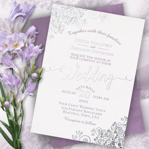 Elegant Silver Lace  Lavender on White Wedding Foil Invitation