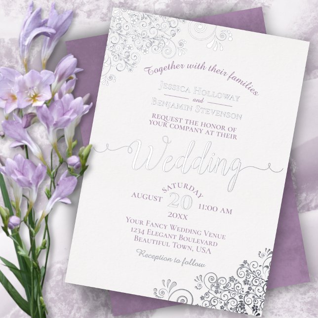 Elegant Silver Lace & Lavender on White Wedding Foil Invitation (Creator Uploaded)