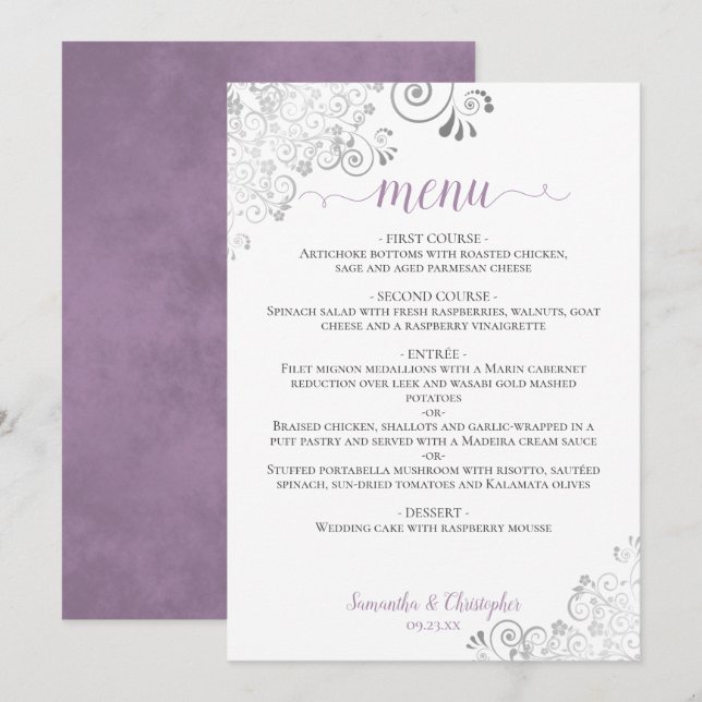 Elegant Silver Lace Lavender on White Wedding Menu (Front/Back)