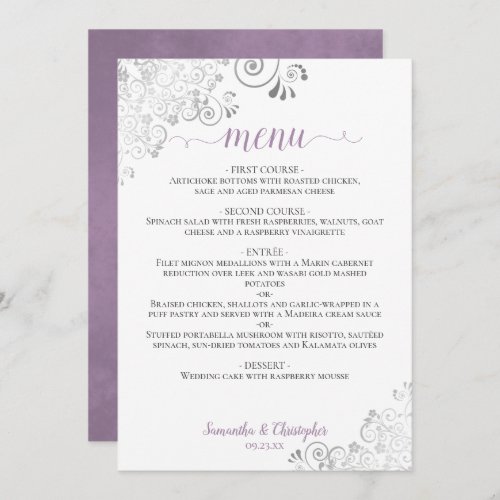 Elegant Silver Lace Lavender on White Wedding Menu