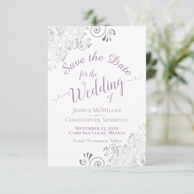 Elegant Silver Lace Lavender & White Wedding Save The Date (Standing Front)