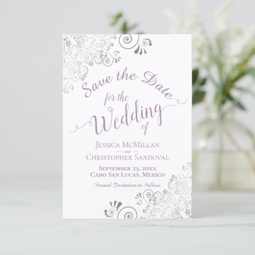 Elegant Silver Lace Lavender  White Wedding Save The Date