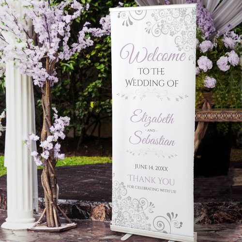 Elegant Silver Lace Lavender White Wedding Welcome Retractable Banner