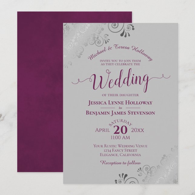 Elegant Silver Lace Magenta on Gray Formal Wedding Invitation (Front/Back)