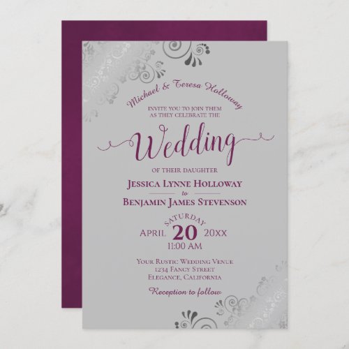 Elegant Silver Lace Magenta on Gray Formal Wedding Invitation