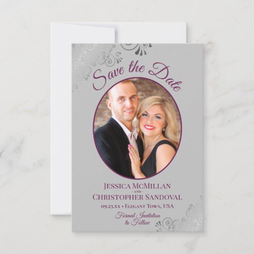 Elegant Silver Lace Magenta on Gray Photo Wedding Save The Date