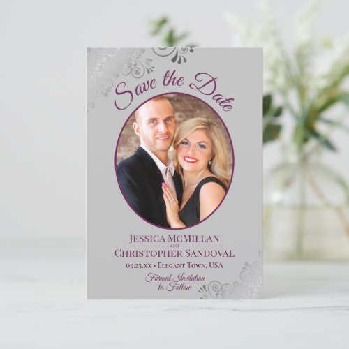 Elegant Silver Lace Magenta on Gray Photo Wedding Save The Date