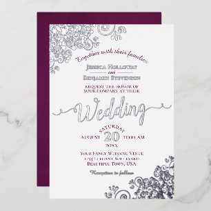 Elegant Silver Lace & Magenta on White Wedding Foil Invitation