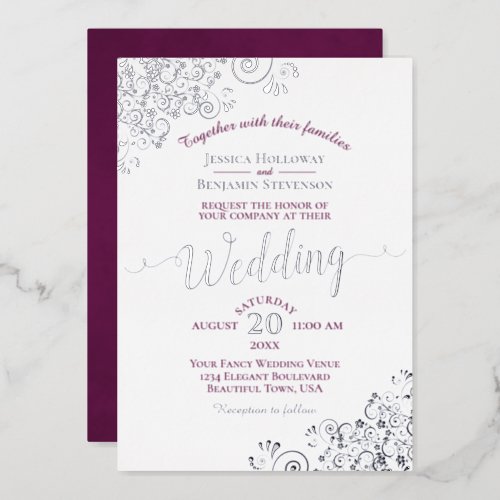 Elegant Silver Lace  Magenta on White Wedding Foil Invitation