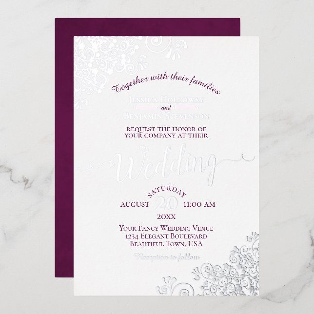 Elegant Silver Lace & Magenta on White Wedding Foil Invitation (Front/Back)