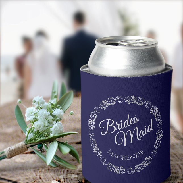 Elegant Silver Lace Navy Blue Bridesmaid Wedding Can Cooler (Creator Uploaded)