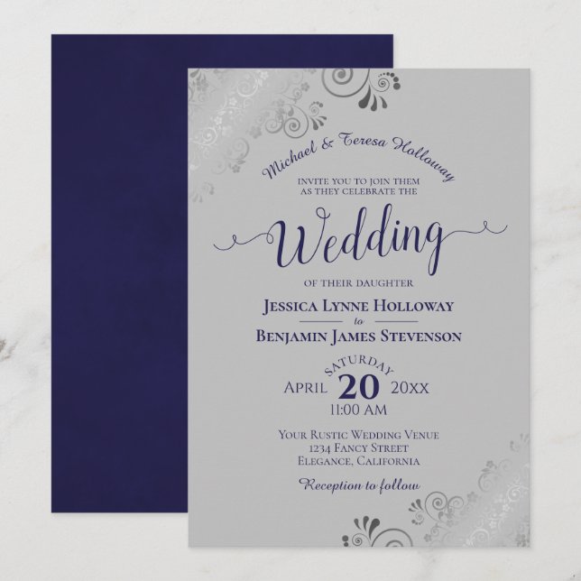 Elegant Silver Lace Navy Blue Formal Gray Wedding Invitation (Front/Back)