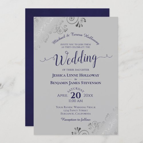 Elegant Silver Lace Navy Blue Formal Gray Wedding Invitation