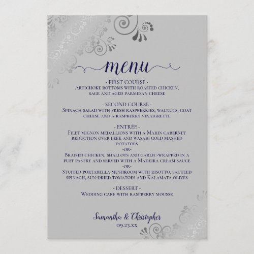 Elegant Silver Lace Navy Blue on Gray Wedding Menu