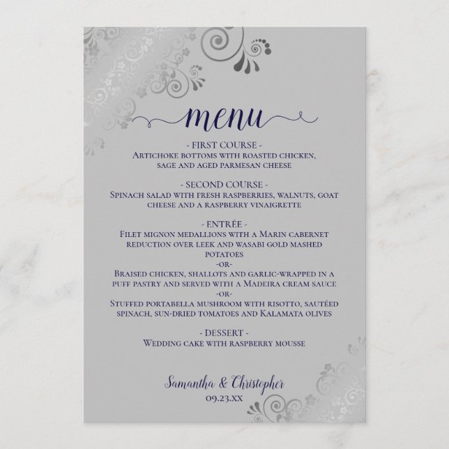 Elegant Silver Lace Navy Blue on Gray Wedding Menu (Front)
