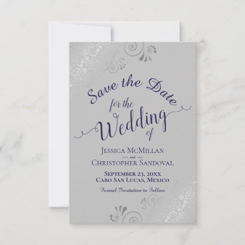 Elegant Silver Lace Navy Blue on Gray Wedding Save The Date