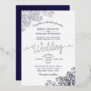 Elegant Silver Lace & Navy Blue on White Wedding Foil Invitation