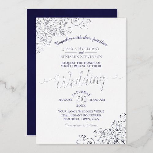 Elegant Silver Lace  Navy Blue on White Wedding Foil Invitation