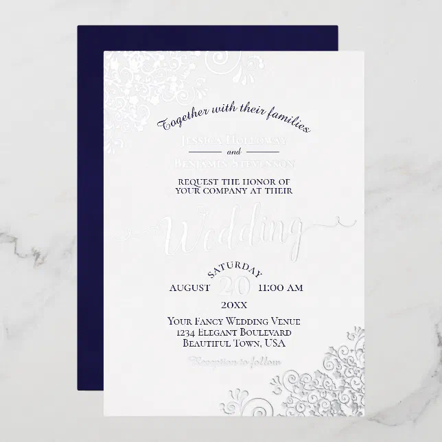 Elegant Silver Lace & Navy Blue on White Wedding Foil Invitation | Zazzle