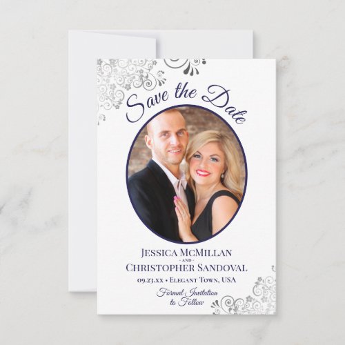 Elegant Silver Lace Navy Blue Photo White Wedding Save The Date