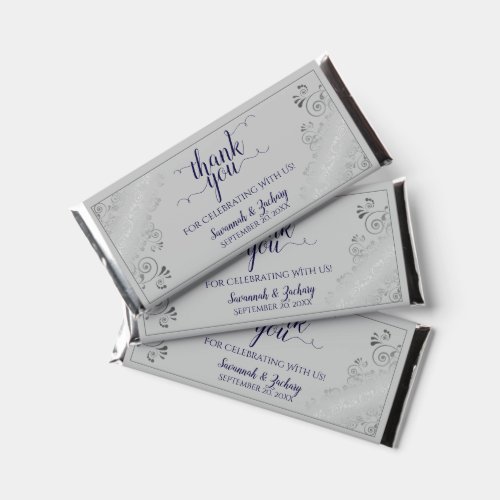 Elegant Silver Lace Navy on Gray Wedding Thank You Hershey Bar Favors