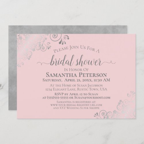 Elegant Silver Lace on Blush Pink Bridal Shower Invitation