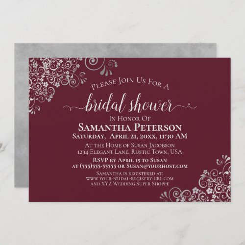Elegant Silver Lace on Burgundy Bridal Shower Invitation