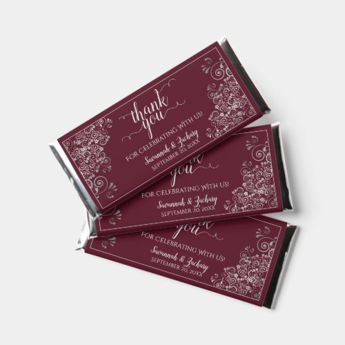 Elegant Silver Lace on Burgundy Wedding Thank You Hershey Bar Favors