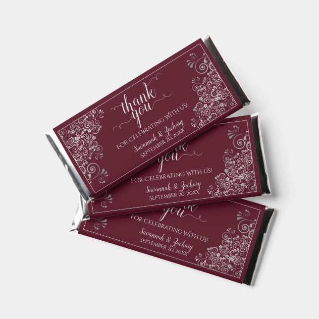 Elegant Silver Lace on Burgundy Wedding Thank You Hershey Bar Favors (Front)
