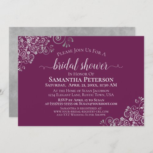 Elegant Silver Lace on Cassis Purple Bridal Shower Invitation