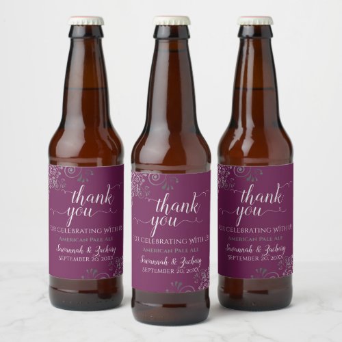 Elegant Silver Lace on Cassis Wedding Thank You Beer Bottle Label