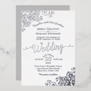 Elegant Silver Lace on Classic White Wedding Foil Invitation