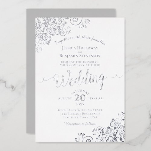 Elegant Silver Lace on Classic White Wedding Foil Invitation