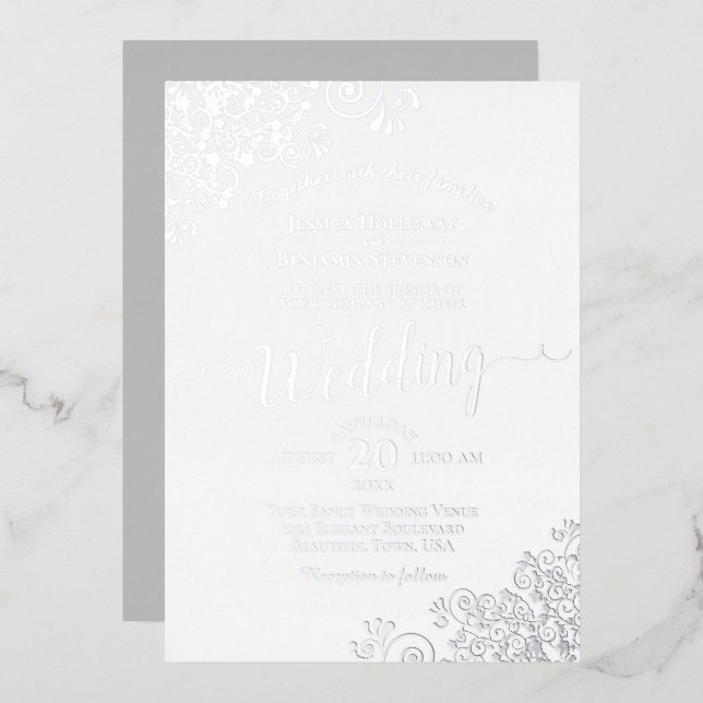 Elegant Silver Lace on Classic White Wedding Foil Invitation (Front/Back)
