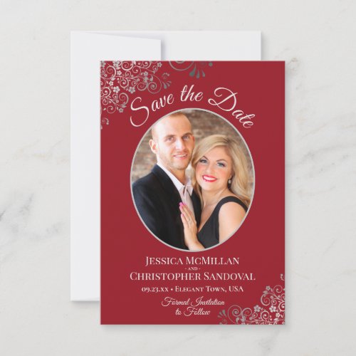 Elegant Silver Lace on Crimson Red Photo Wedding Save The Date