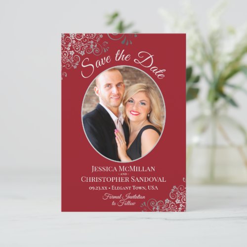 Elegant Silver Lace on Crimson Red Photo Wedding Save The Date