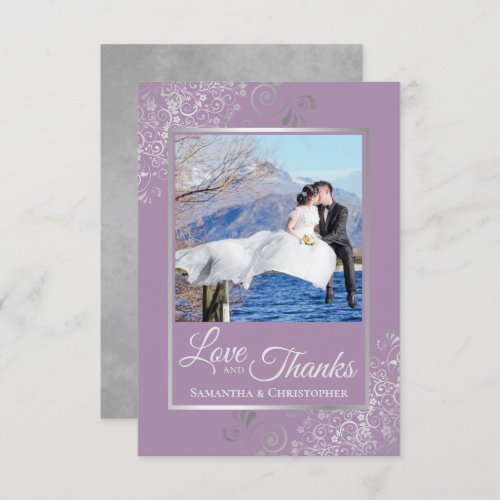 Elegant Silver Lace on Lilac Love  Thanks Wedding Thank You Card