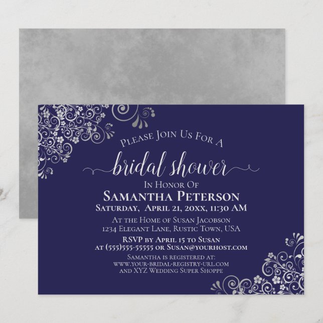 Elegant Silver Lace on Navy Blue Bridal Shower Invitation (Front/Back)
