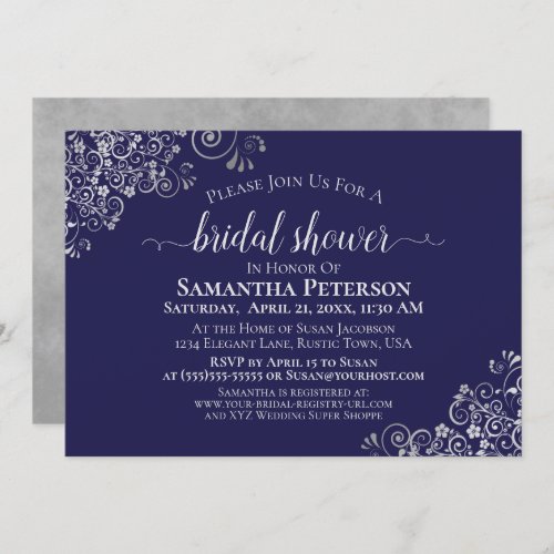 Elegant Silver Lace on Navy Blue Bridal Shower Invitation