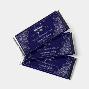 Elegant Silver Lace on Navy Blue Wedding Thank You Hershey Bar Favors