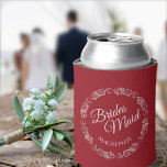 Elegant Silver Lace on Red Bridesmaid Wedding Can Cooler<br><div class="desc">These fun wedding can coolers feature an elegant crimson red design with pale grey script text reading Bridesmaid and her name surrounded by lacy faux foil silver filigree or curls and swirls. Perfect way to thank her for being part of your bridal party.</div>