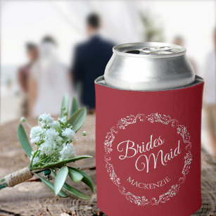 Elegant Silver Lace on Red Bridesmaid Wedding Can Cooler