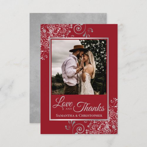 Elegant Silver Lace on Red Love  Thanks Wedding Thank You Card