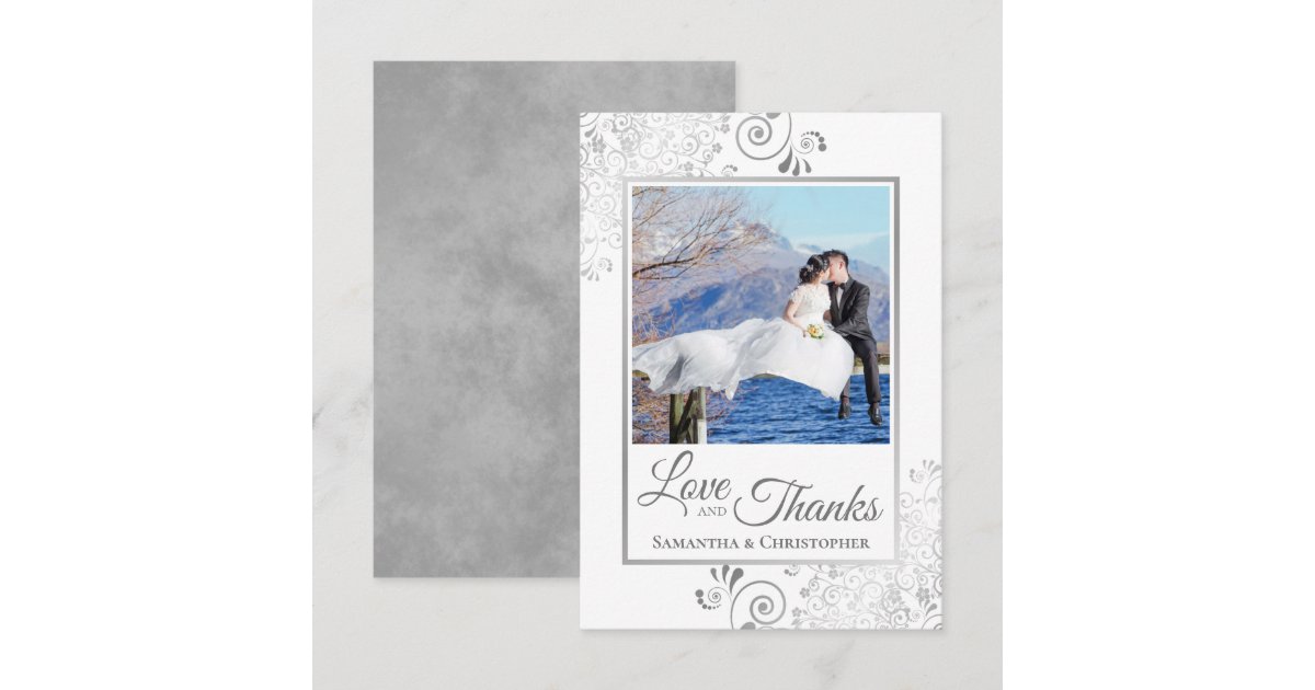 Elegant Silver Lace on White Love & Thanks Wedding Thank You Card | Zazzle