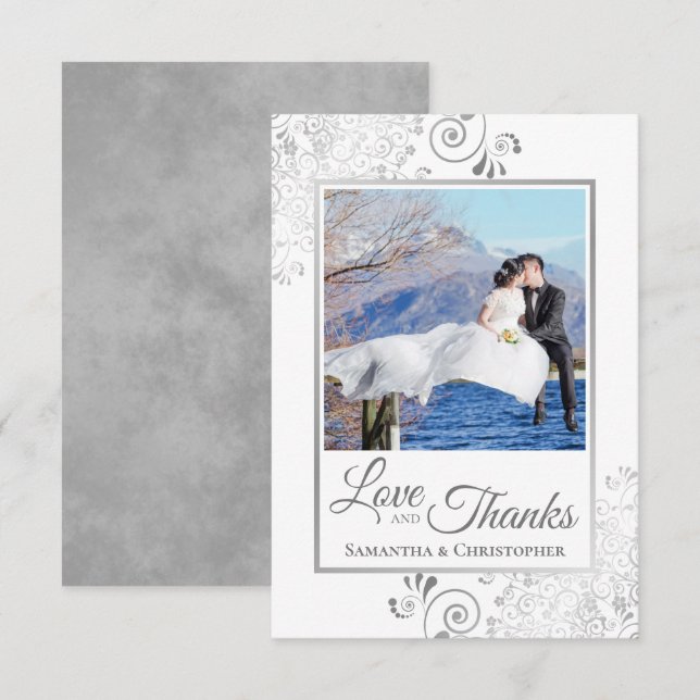 Elegant Silver Lace on White Love & Thanks Wedding Thank You Card (Front/Back)